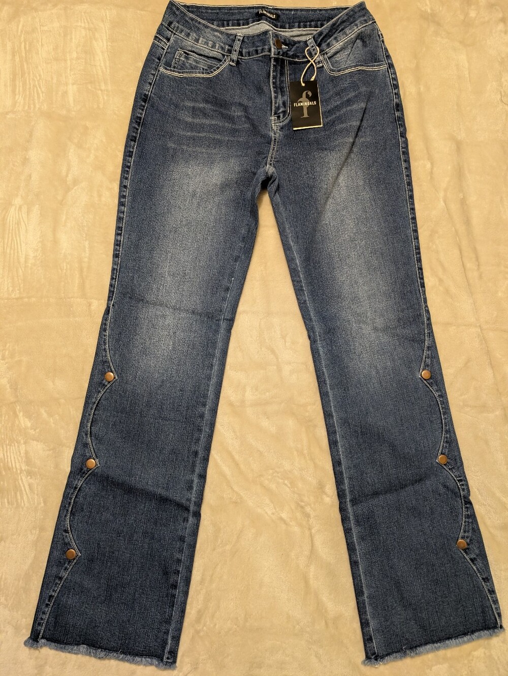 Flamingals Raw Hem Button Side Mid Waist Bootcut Jeans NWT Large - Picture 5 of 11